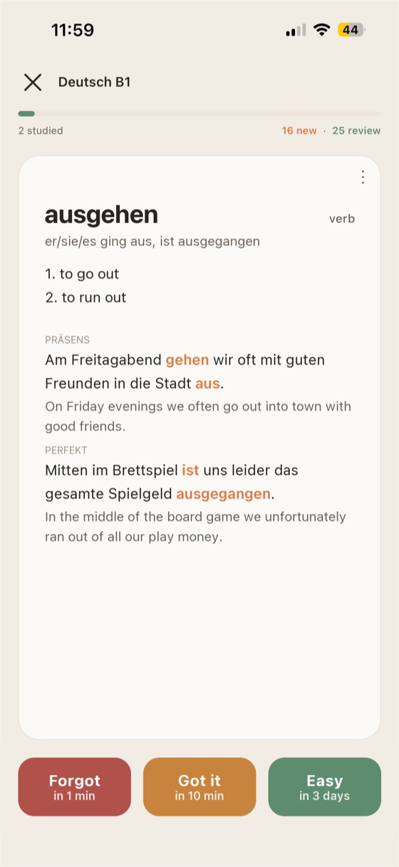 Study screen: the German verb ausgehen with two meanings, two example sentences and Forgot, Got it and Easy buttons